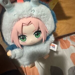 Cute Plush Toy with Pink Hair and Green Eyes